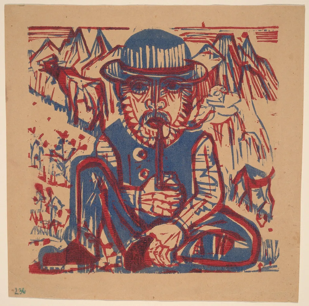 Smoking Peasant, by Ernst Ludwig Kirchner, ink, 1909