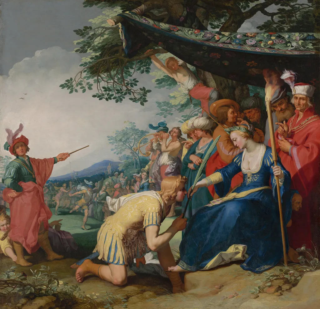 Theagenes receiving the palm of honour from Chariclea, by Abraham Bloemaert, oil, 1626