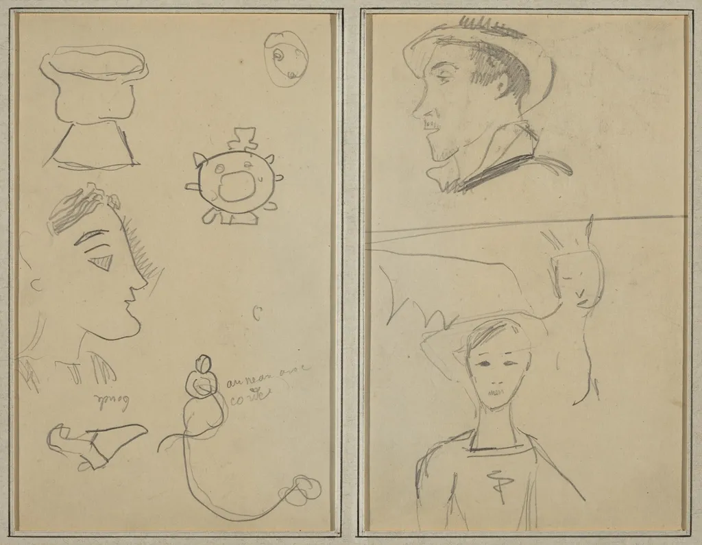 A Caricature and Five Forms; A Man in Profile, a Winged Creature and a Boy [verso], by Paul Gauguin, graphite, 1886