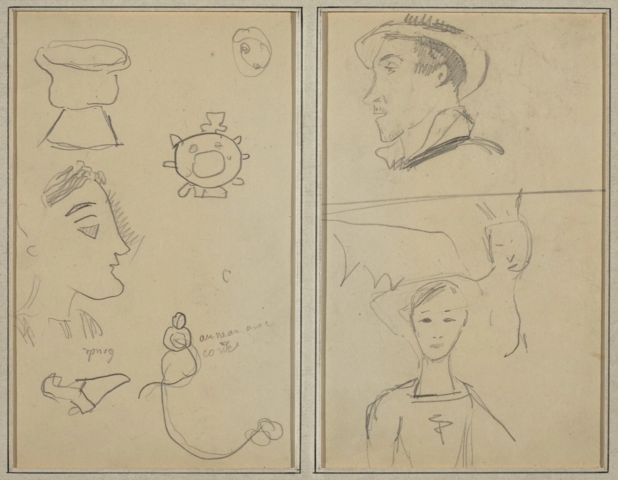 A Caricature and Five Forms; A Man in Profile, a Winged Creature and a Boy [verso], detail