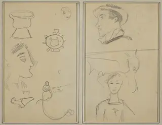 A Caricature and Five Forms; A Man in Profile, a Winged Creature and a Boy [verso], by Paul Gauguin, graphite, 1886