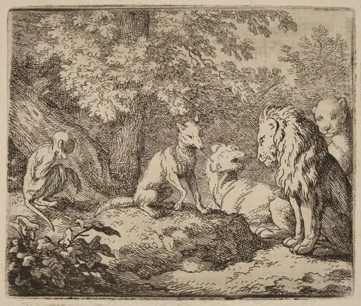 Reynard Tells a Story of Hidden Treasure, by Allart van Everdingen, ink, 1650