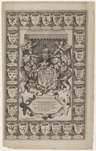 Title Page for the Achievement of our Soveraigne King James, by Jodocus Hondius I, ink, 1611