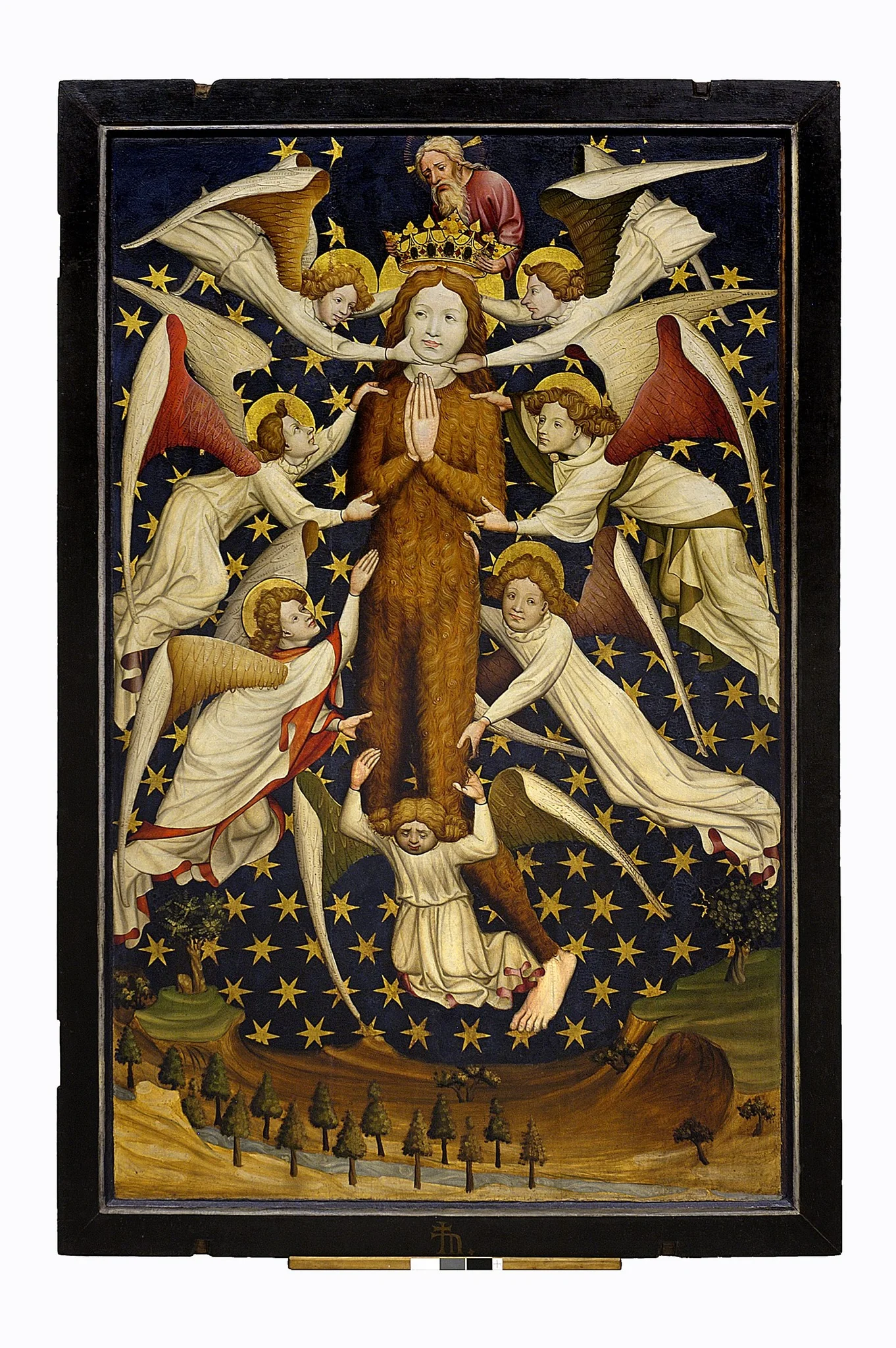 Diptych from the Winterfeld family foundation left wing, obverse: St Mary Magdalene held aloft by angels, detail