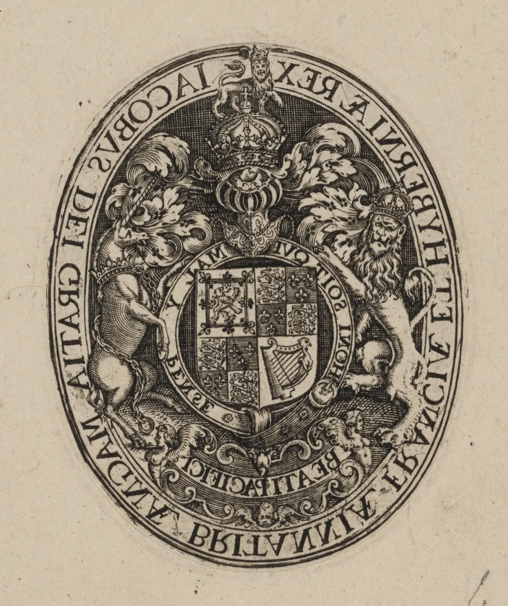 Shield of James I [bottom half], by Simon van de Passe, ink, 1621