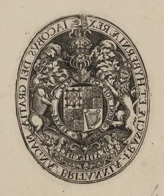 Shield of James I [bottom half], by Simon van de Passe, ink, 1621