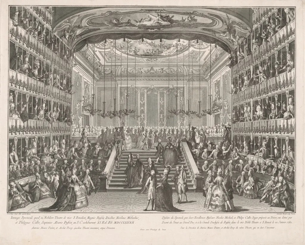 Spectacle in Honor of the Grand Dukes of Russia in the Theater of San Benedetto, 1782, by Antonio Baratta, ink