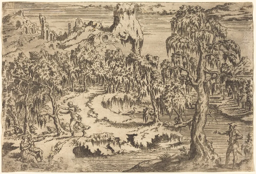 Landscape with a Woman Fleeing at the Sight of a Soldier, by Léon Davent, ink, 1554