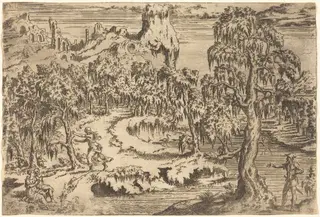 Landscape with a Woman Fleeing at the Sight of a Soldier, by Léon Davent, ink, 1554