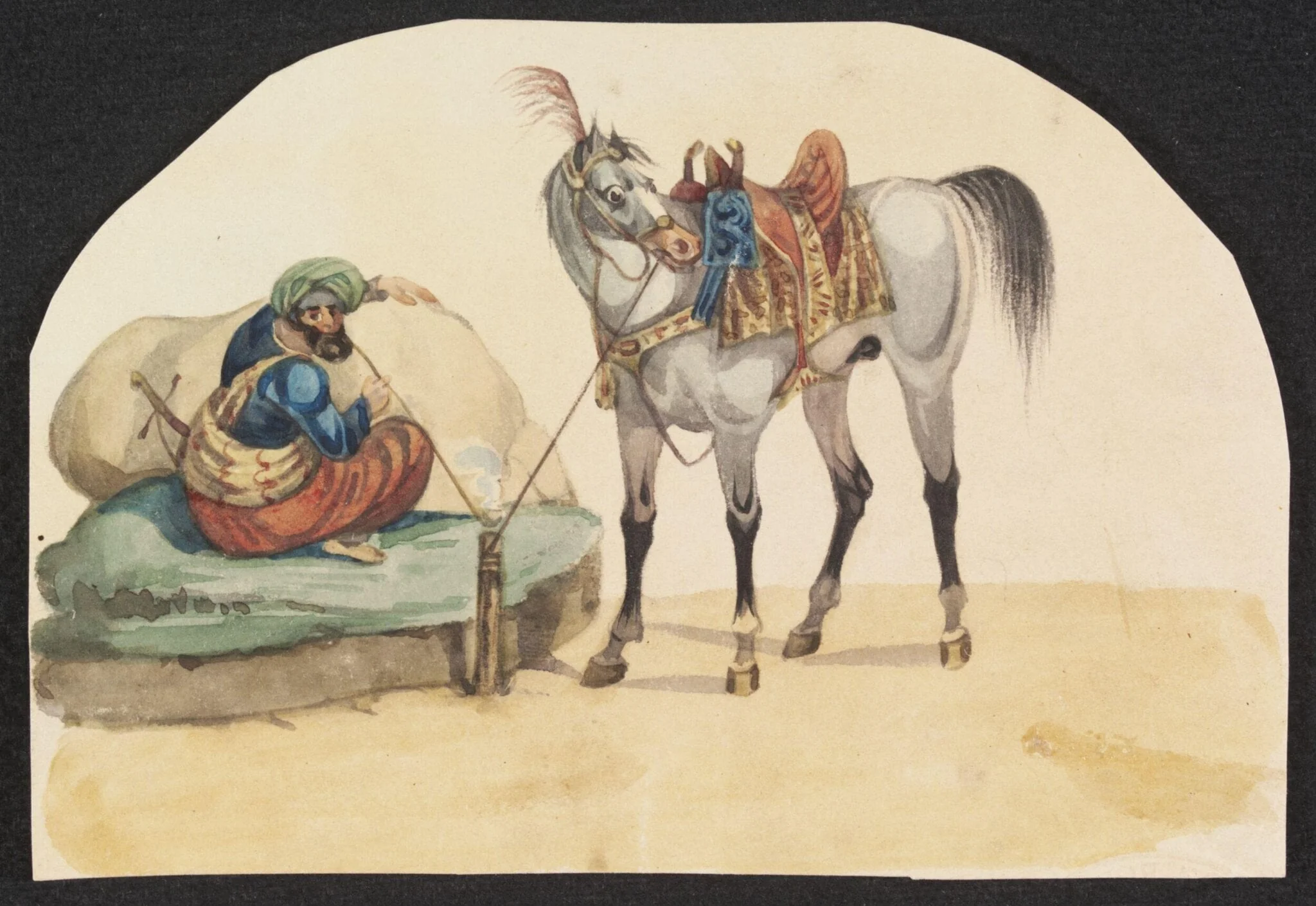 Horse and rider taking refreshments, detail