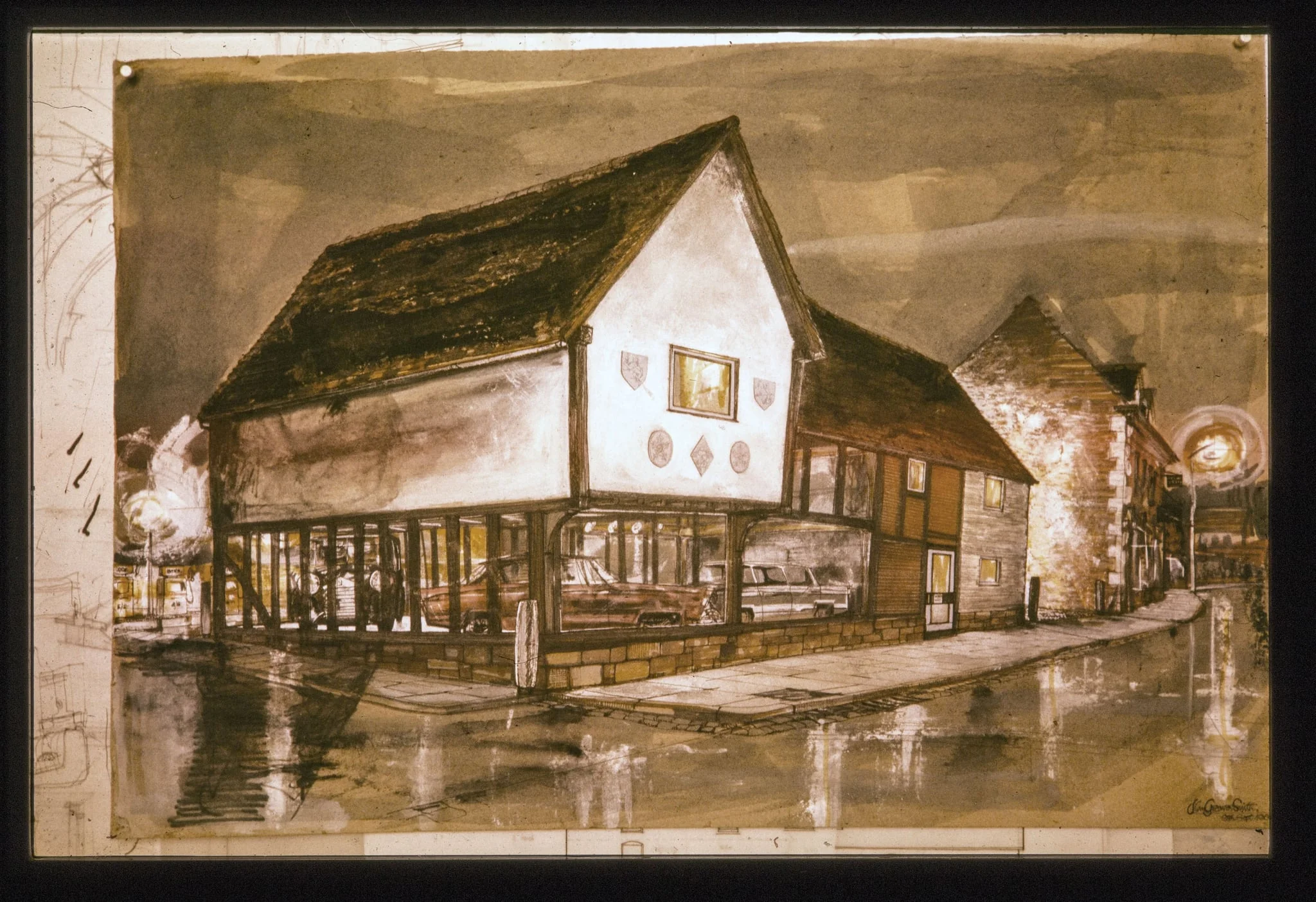 Painting of proposed conversion of Bromsgrove House to motor car showroom 1962, detail