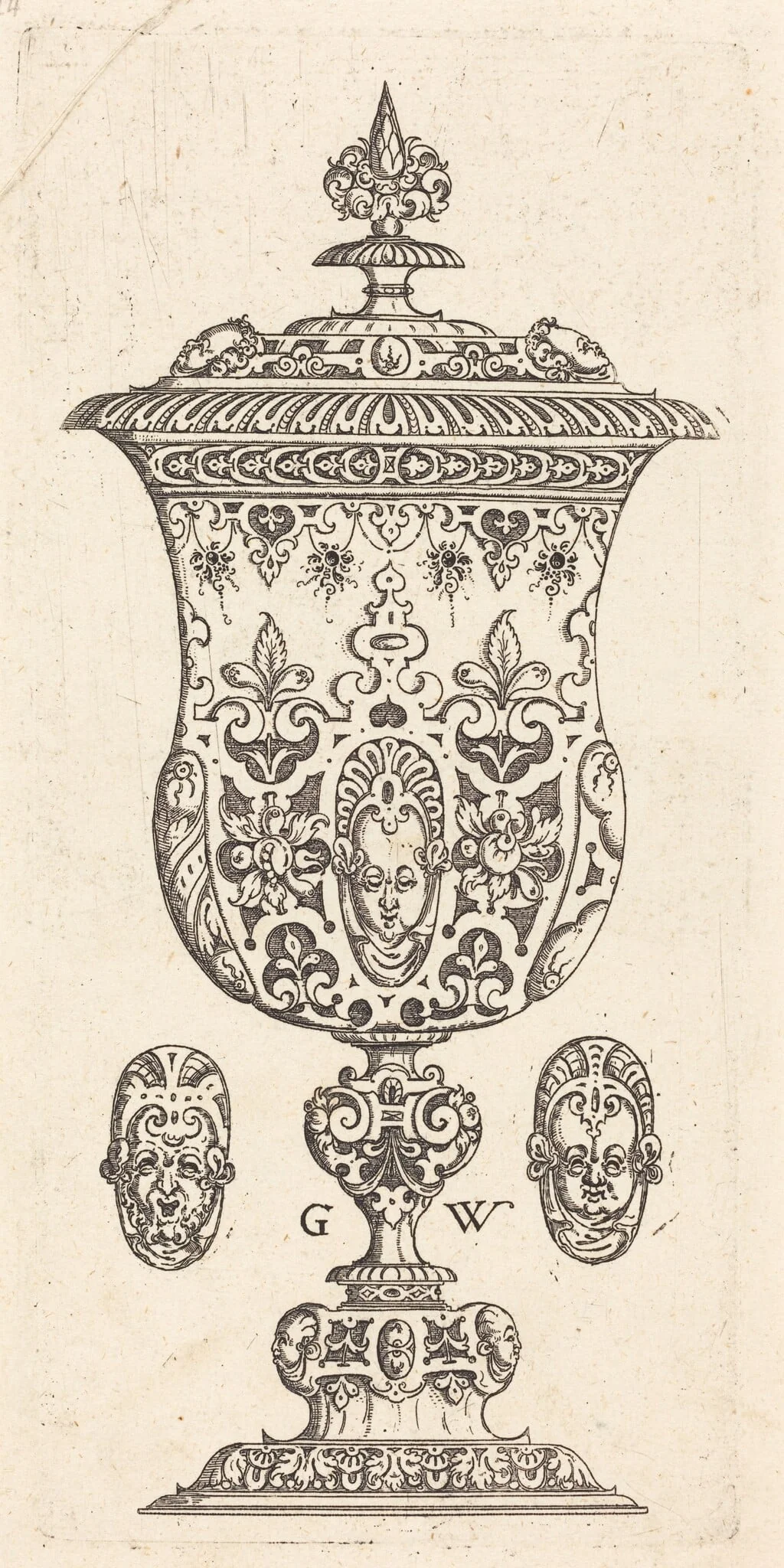 Goblet with two Masques on lid, detail