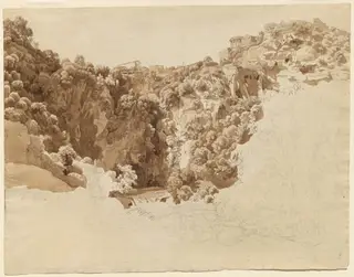Tivoli and the Temple of the Sibyl above the Aniene Gorge, by Johann Christian Reinhart, ink, 1796