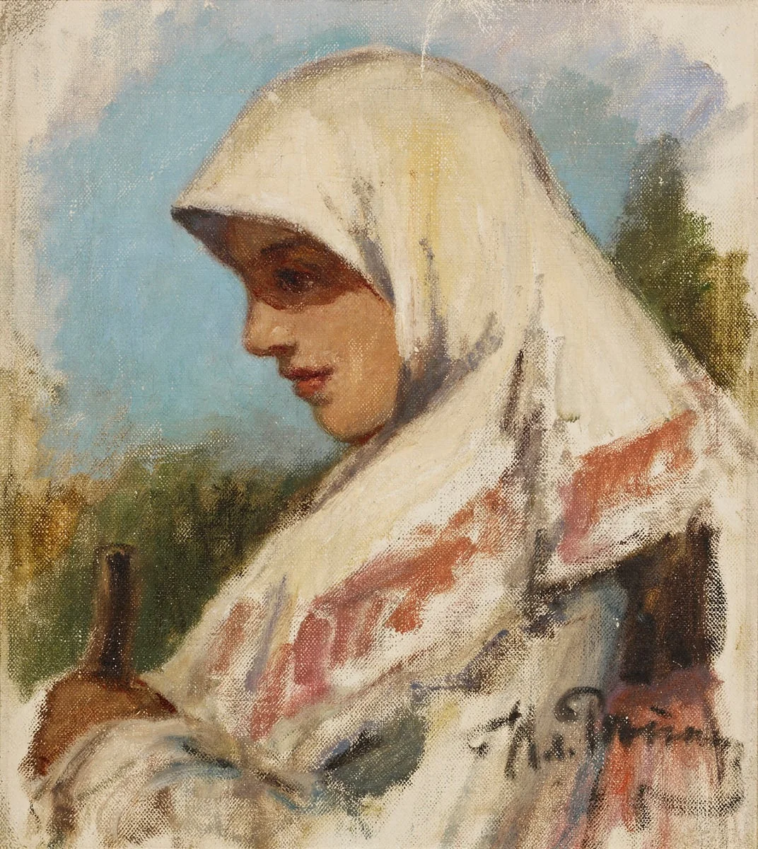 Huivipäinen talonpoikaistyttö, harjoitelma, detail