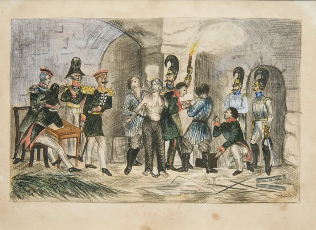 Konarski torturowany w celi więziennej, by Jan Matejko, watercolor, 1850