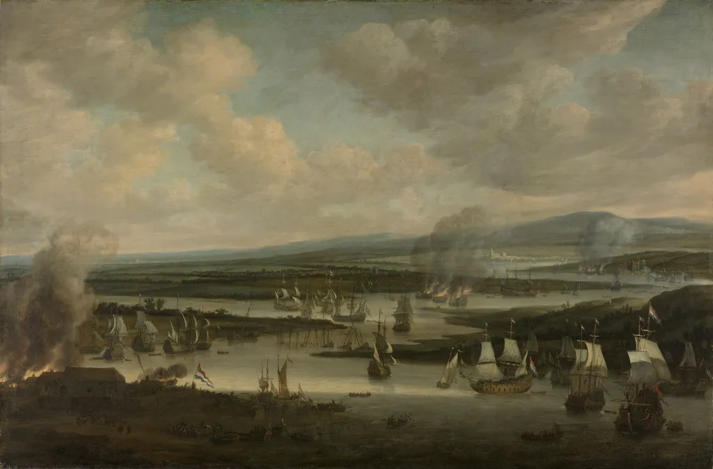 The burning of the English fleet near Chatham, June 1667, during the second Anglo-Dutch war, by Willem Schellinks, oil, 1672