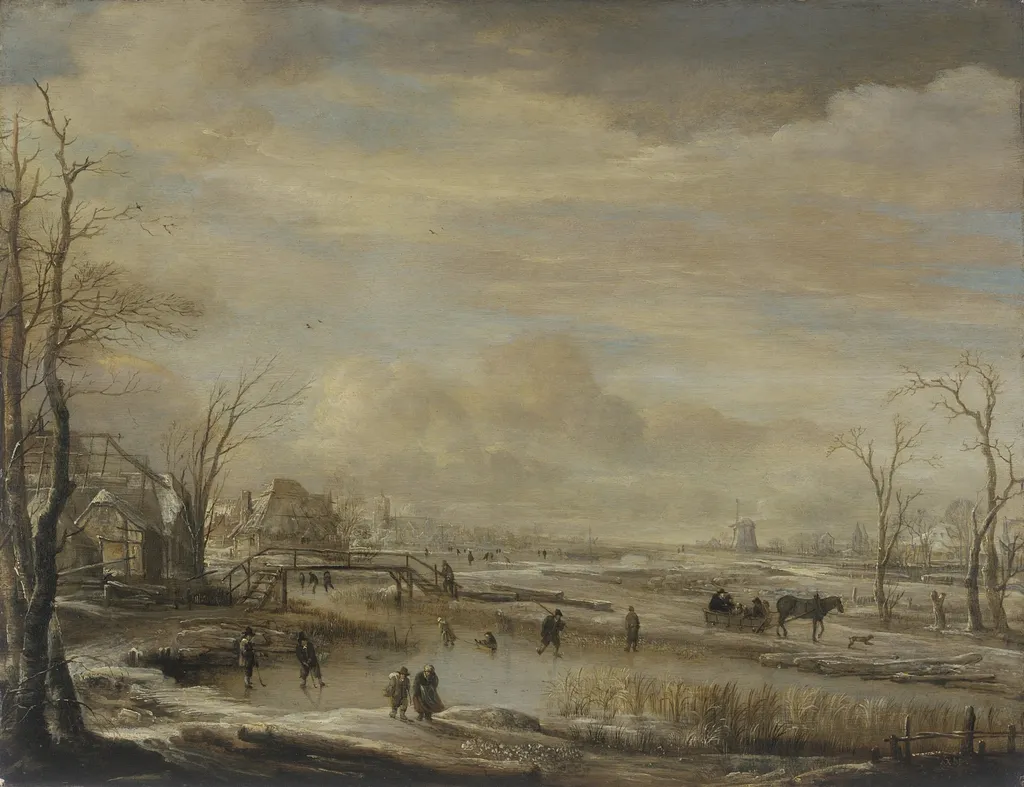 Frozen River with a Footbridge, by Aert van der Neer, oil, 1650