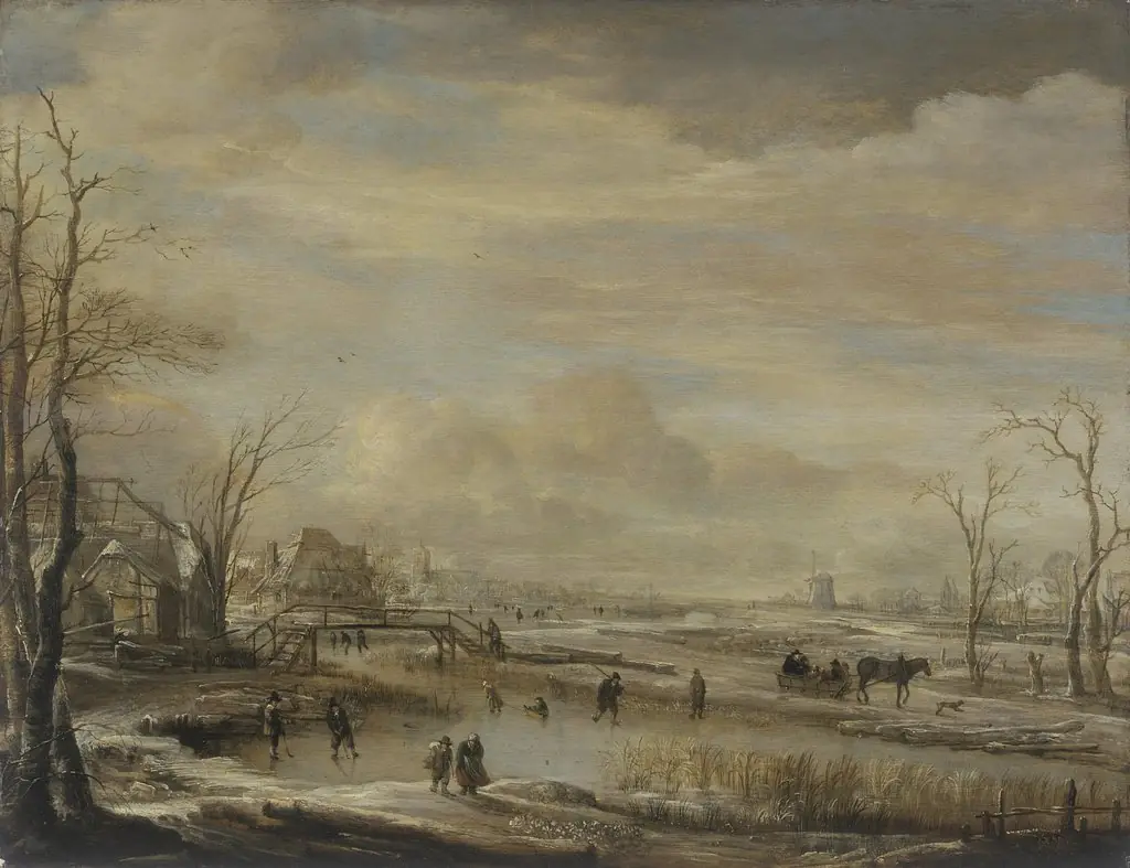 Frozen River with a Footbridge, by Aert van der Neer, oil, 1650