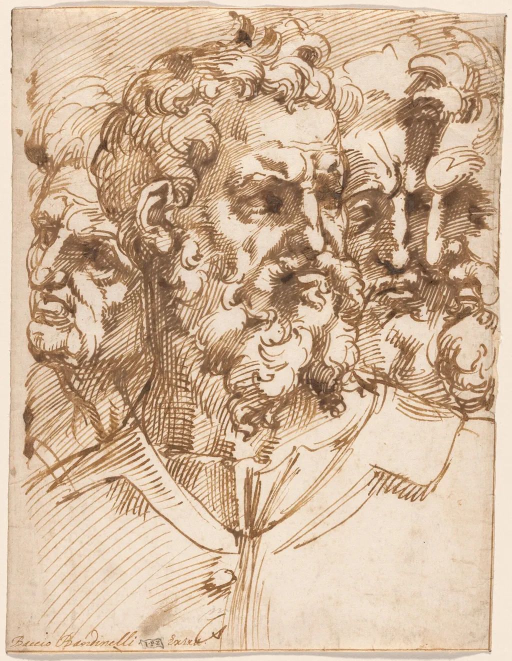Four Male Heads, by Baccio Bandinelli, ink, 1534