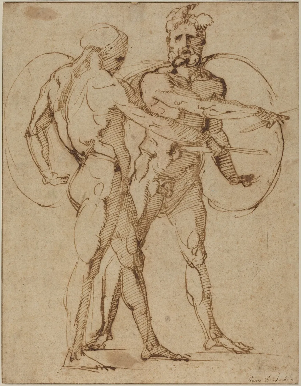 Two Male Nudes, by Baccio Bandinelli, ink, 1520