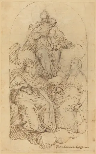 The Virgin and Child Adored by Saint Catherine and Another Female Saint, by Pietro Damini, chalk, 1620