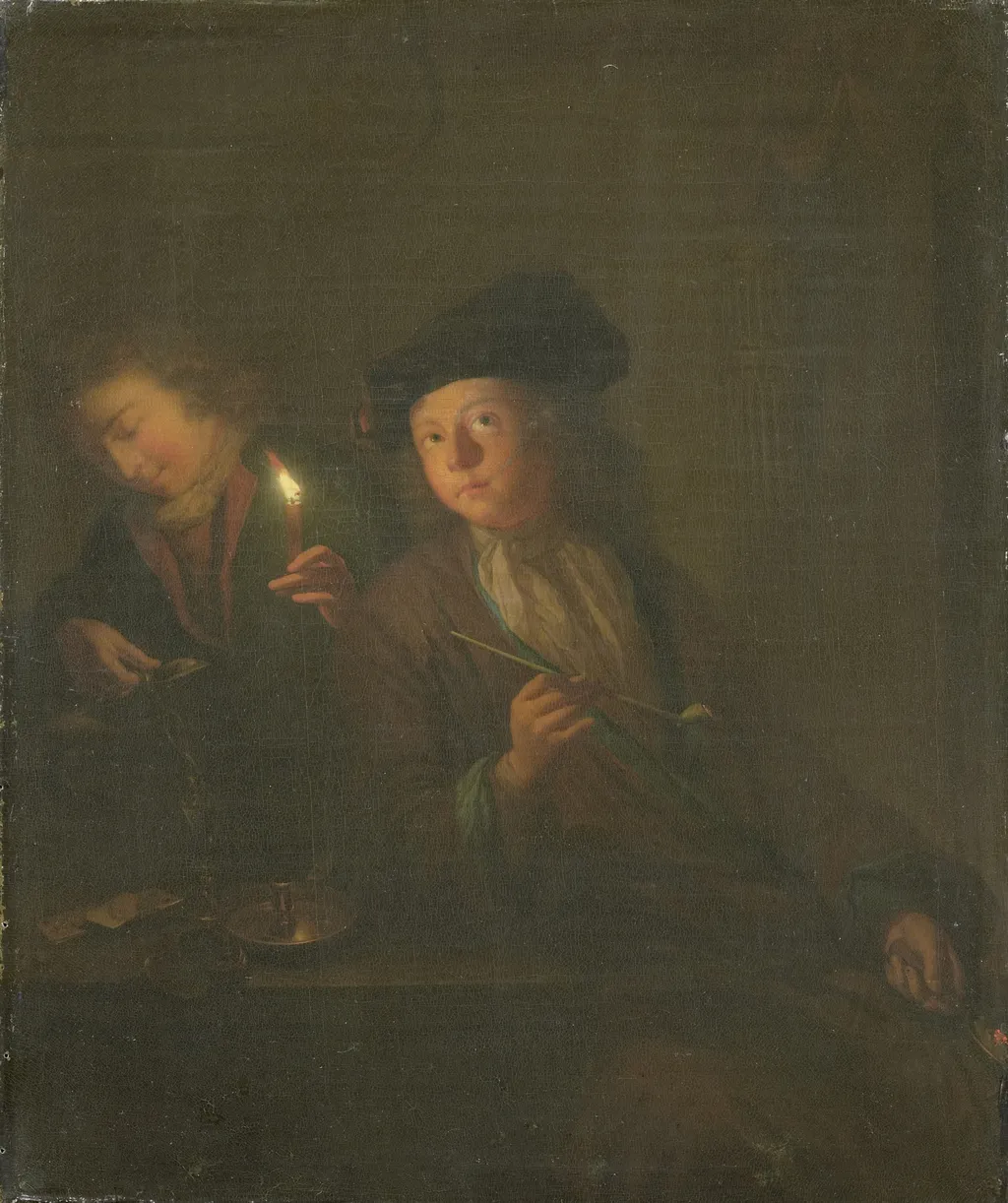 A man with a pipe and a man filling his glass, by Godfried Schalcken, oil, 1700