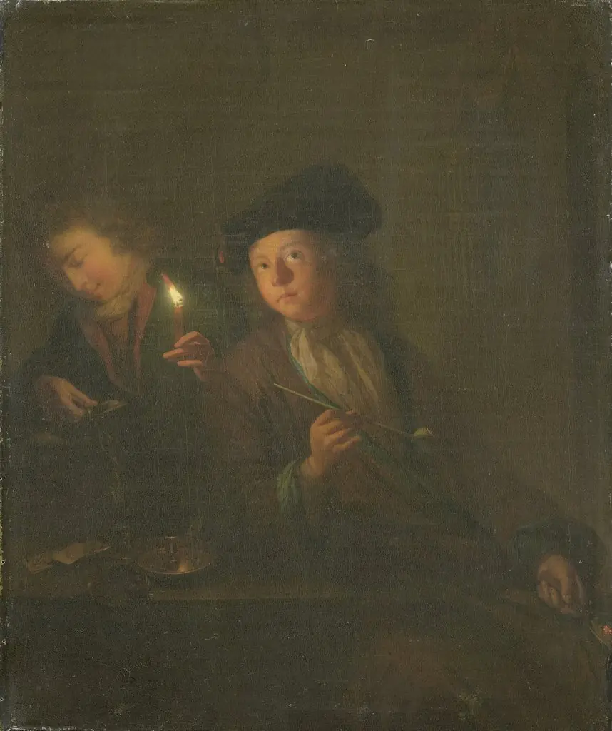 A man with a pipe and a man filling his glass, by Godfried Schalcken, oil, 1700