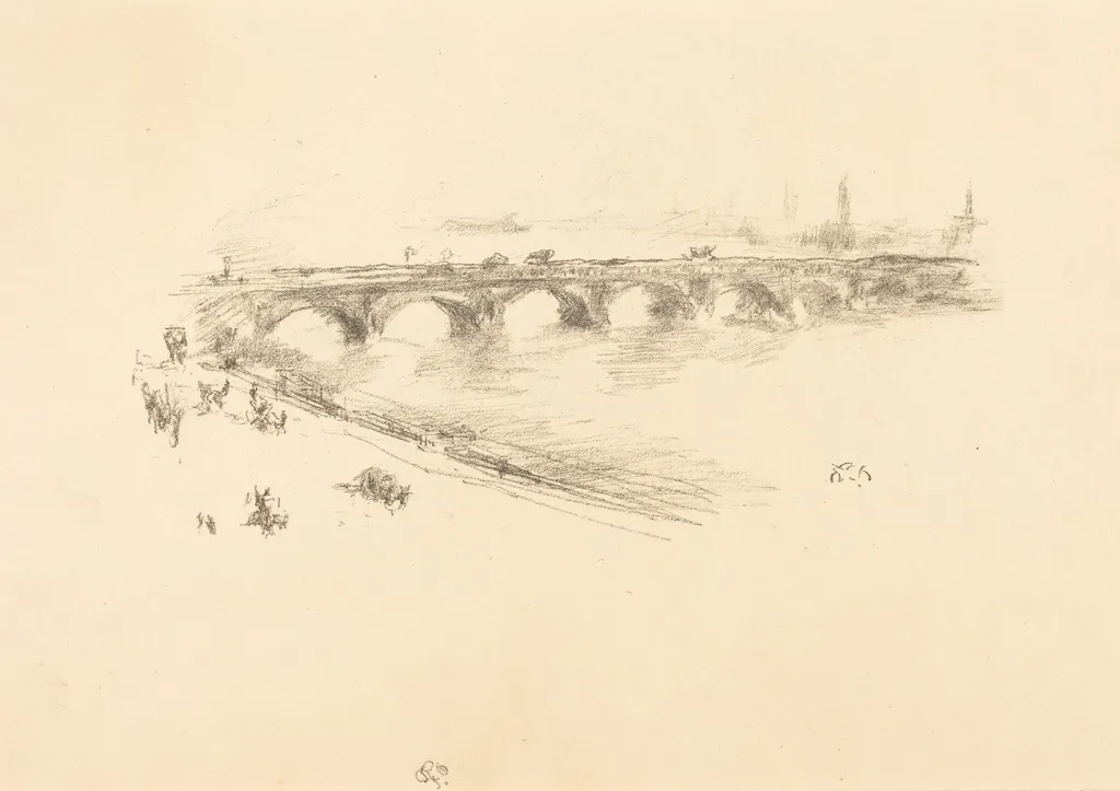 Evening, Little Waterloo Bridge, by James McNeill Whistler, ink, 1896