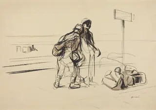 a) Two French Soldiers near a Notice Board (recto); b) Nursemaid and Children with Horse or Donkey (verso), by Jean-Louis Forain, ink, 1916