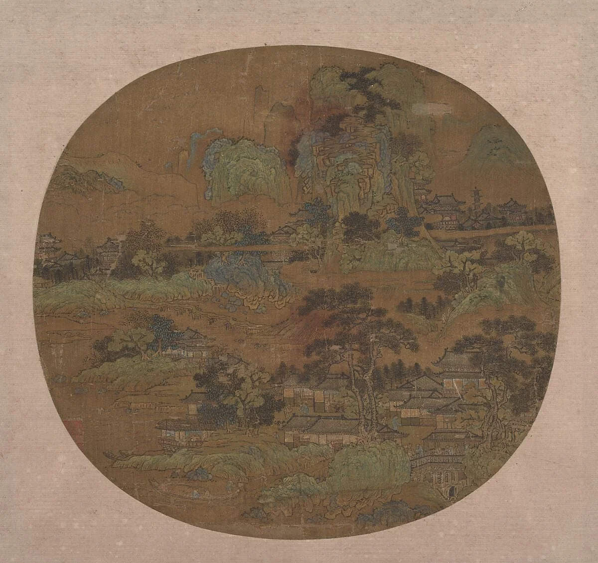 明 佚名 樓閣江帆圖 團扇|Village and Temples in Jiangnan, detail