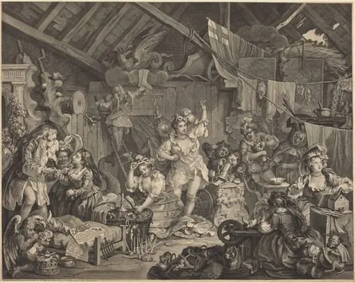 Strolling Actresses Dressing in a Barn, by William Hogarth, ink, 1738