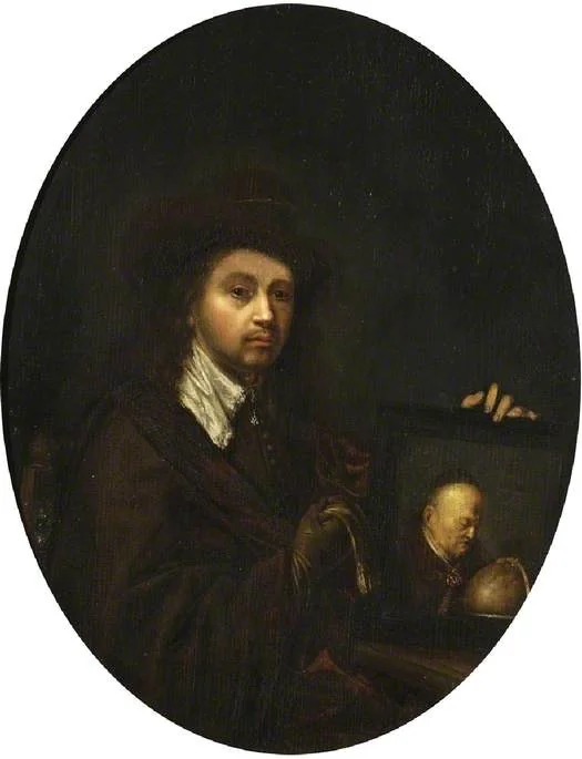 Rembrandt holding a portrait of his father, detail