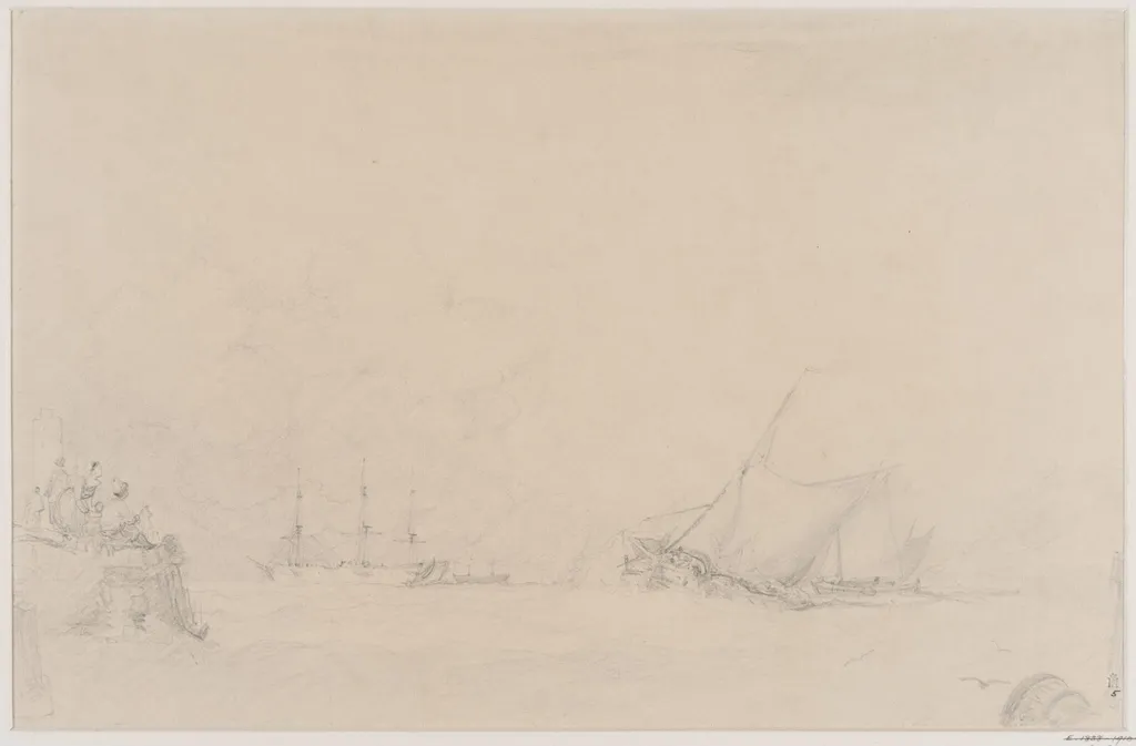 Lugger making for the mouth of a harbour, by Augustus Wall Callcott, graphite