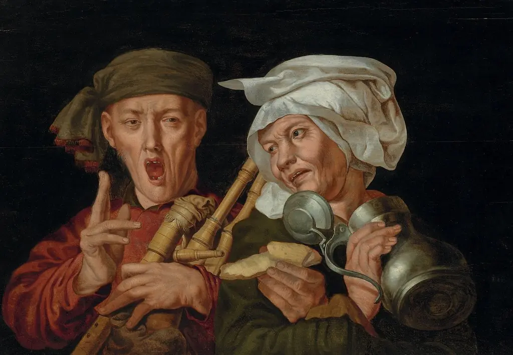 Bagpipe player and a woman holding a pewter jug, 1610