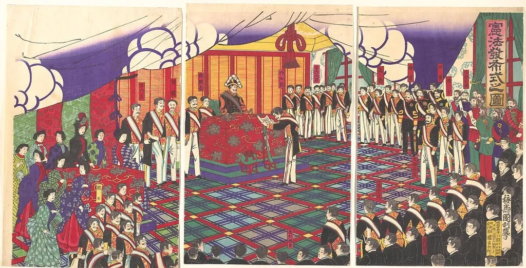 Kempo happu shiki no zu|View of the Issuance of the Constitution, by Baiju Kunitoshi, ink, 1889