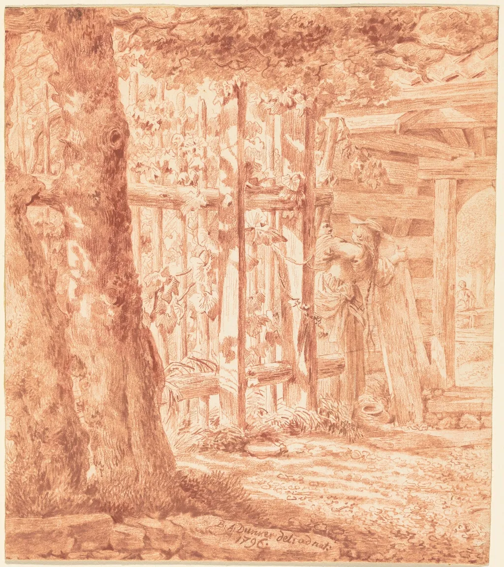 Encounter by the Garden Fence, by Balthasar Anton Dunker, chalk, 1796