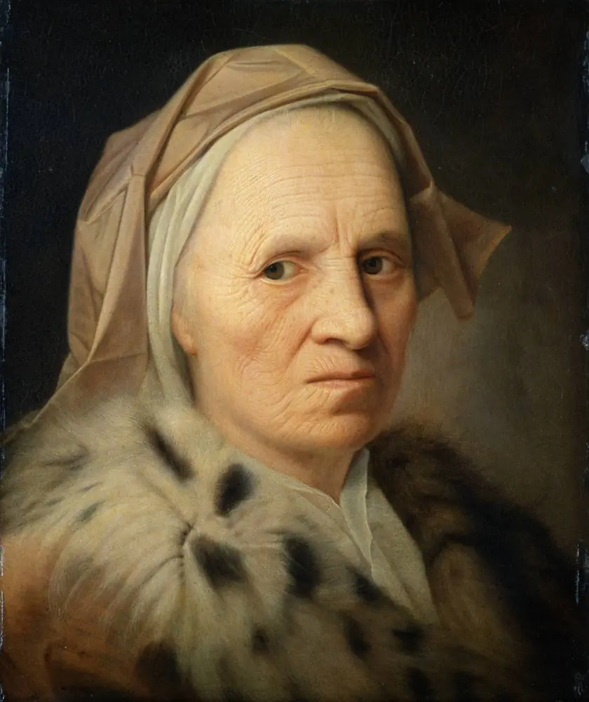 Alte Frau mit violettem Kopftuch, by Balthasar Denner