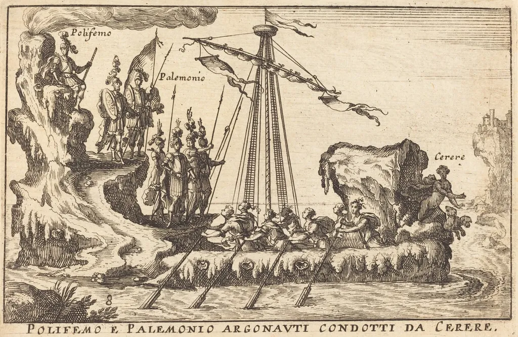 Polifemo e Palemonio Argonauti condotti da Cerere, by Balthasar Moncornet, ink, 1634