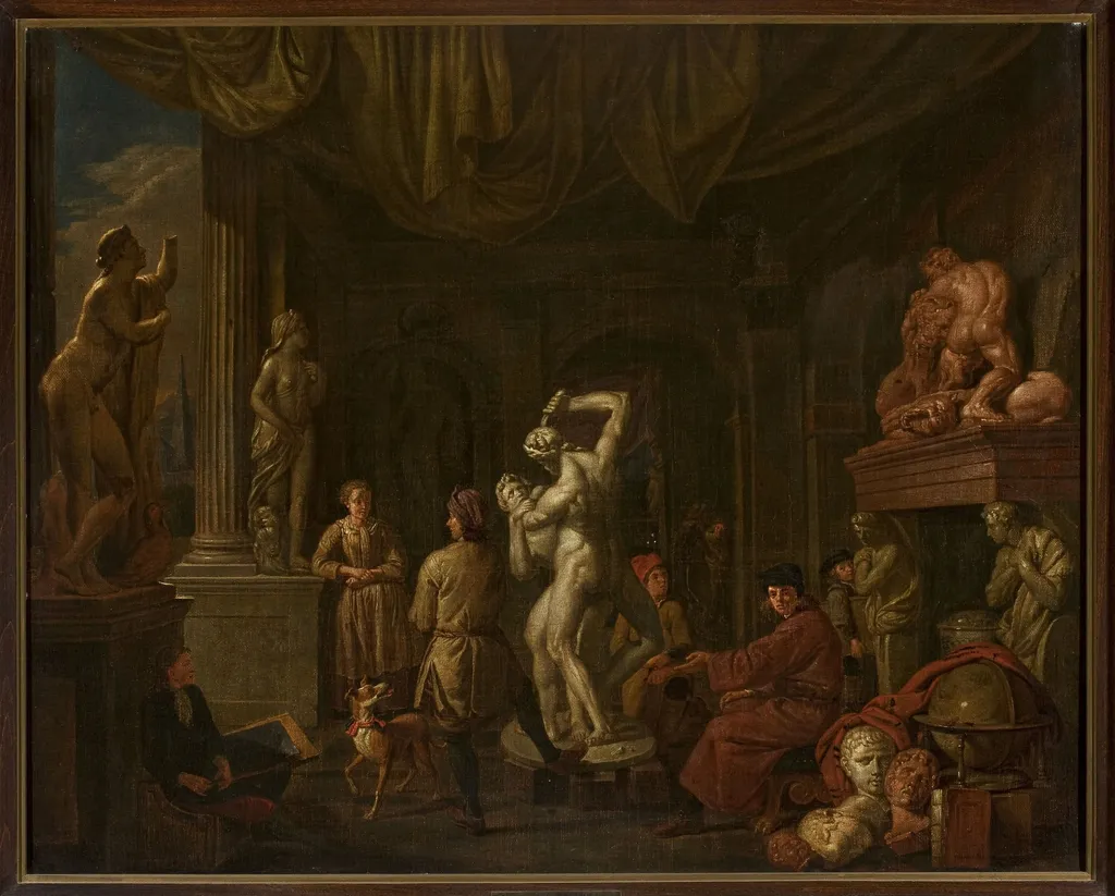 In the sculptor's studio, by Balthasar van den Bossche, oil, 1705