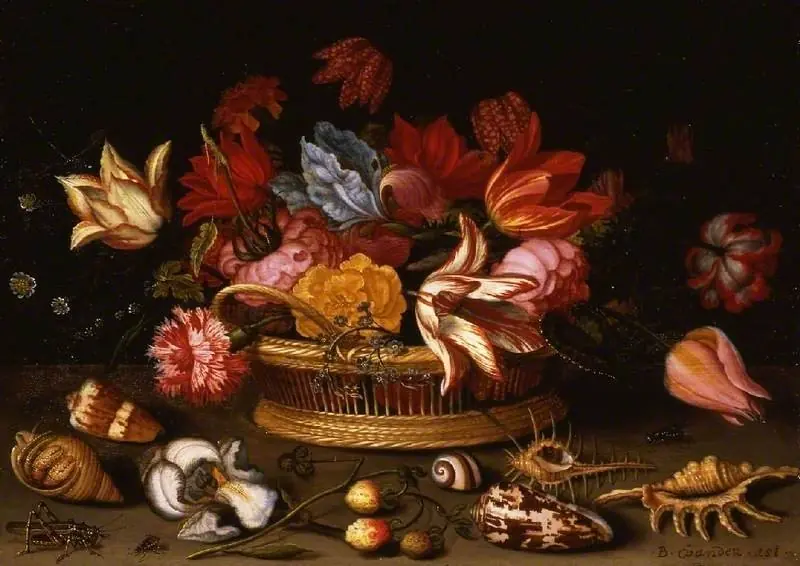 A basket of flowers with shells on a ledge, by Balthasar van der Ast