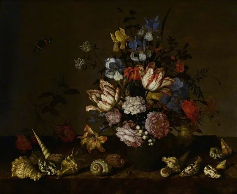 A vase of flowers with shells on a ledge, by Balthasar van der Ast, oil, 1644