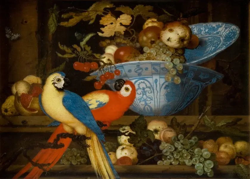 Fruit Still Life with Two Parrots, by Balthasar van der Ast