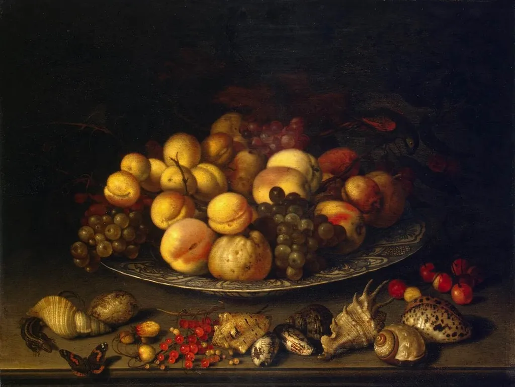 Plate with Fruits and Shells, by Balthasar van der Ast, oil, 1630