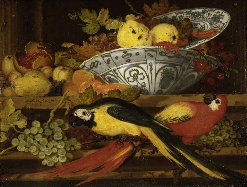 Still-life with fruit and macaws, by Balthasar van der Ast, oil, 1622