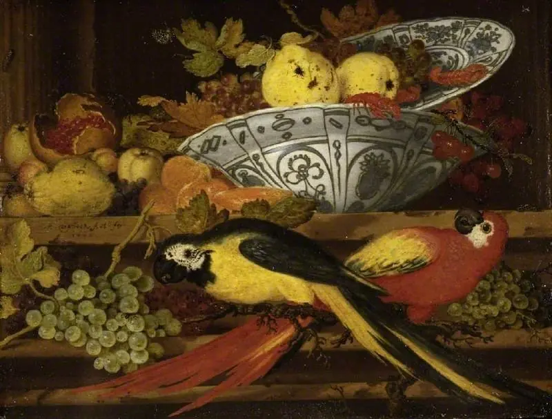 Still-life with fruit and macaws, by Balthasar van der Ast