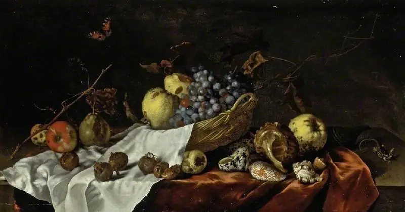 Wicker basket with fruit, medlars and shells, by Balthasar van der Ast