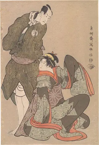 東洲斎写楽画　 三代目坂東彦三郎の帯屋長右衛門と四代目岩井半四郎の信濃 屋お半   『二本松陸奥生長』|Bandō Hikosaburō III in the Role of Obiya Chōemon and Iwai Hanshiro IV in the Role of Shinanoya Ohan, from the Play “Nihonmatsu Michinoku sodachi”, by Tōshūsai Sharaku