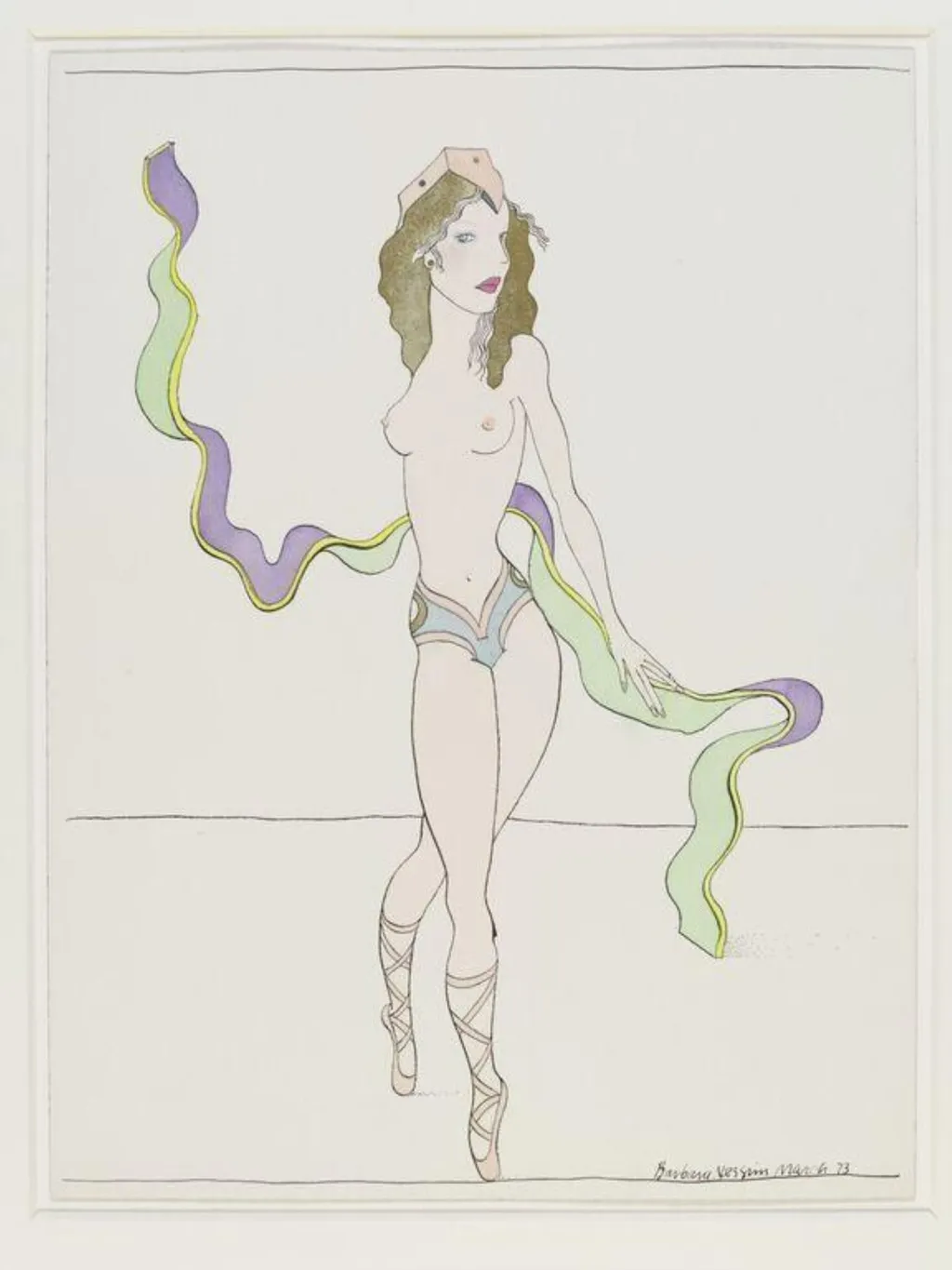 WomanGirl Twisting with Green and Purple Ribbon, by Barbara Nessim, watercolor, 1973