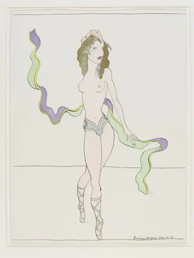 WomanGirl Twisting with Green and Purple Ribbon, by Barbara Nessim