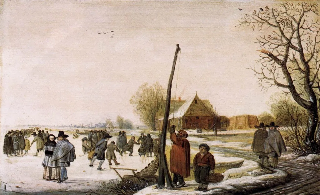 Winter landscape with frozen river, by Barent Avercamp, paint, 1652